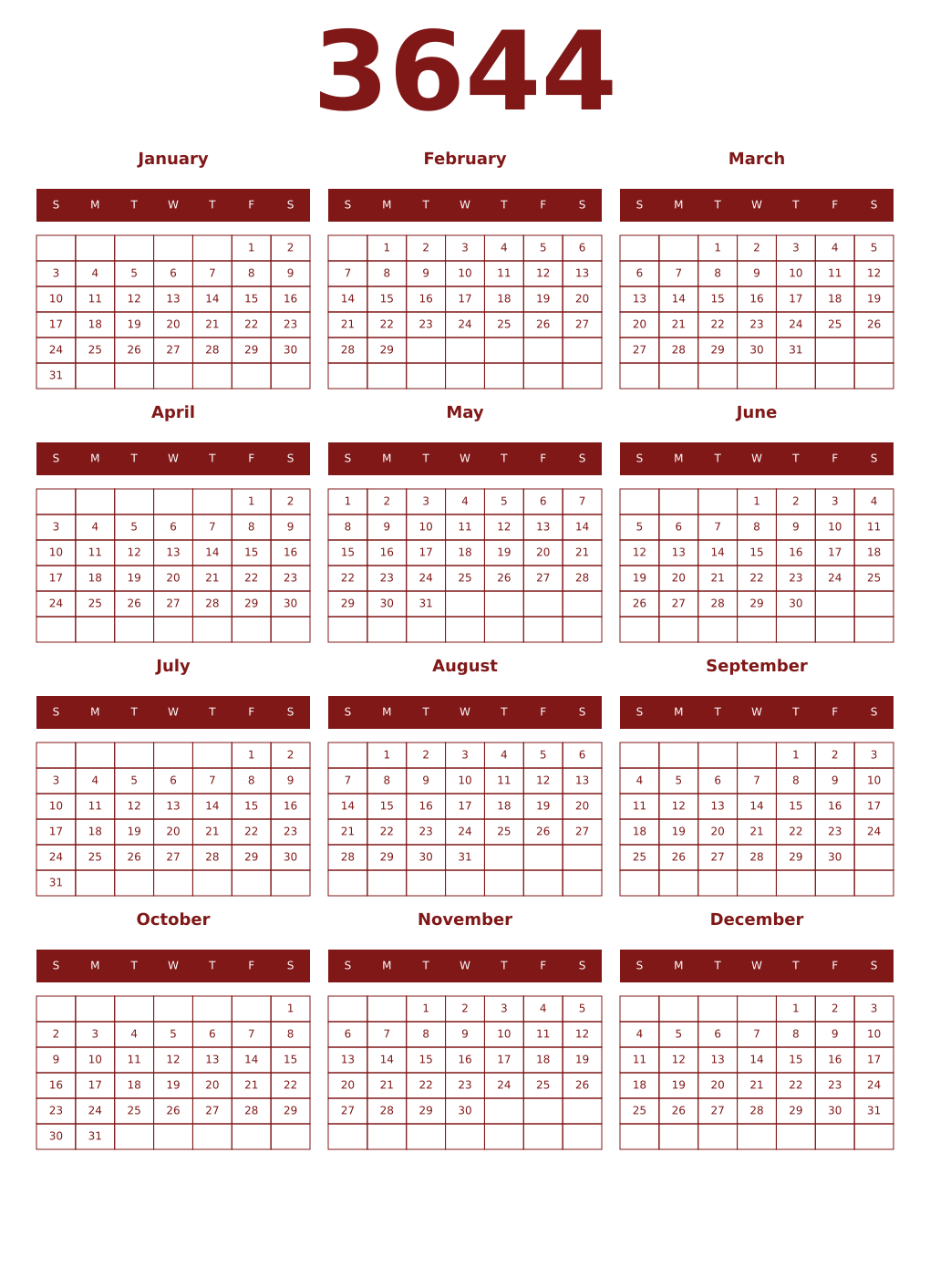 Printable 3644 Year Calendars falu