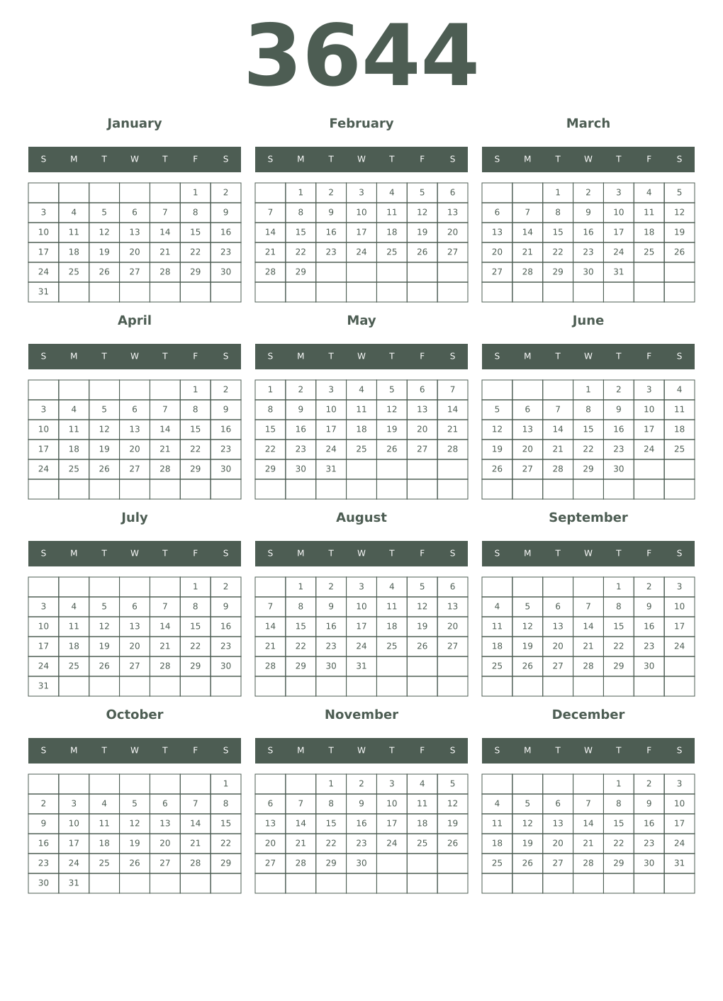 Printable 3644 Year Calendars feldgrau