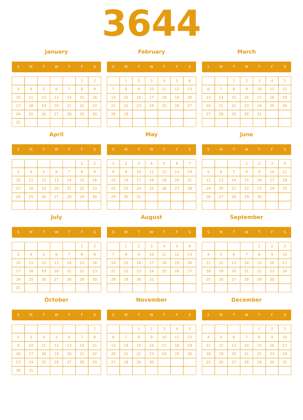 Printable 3644 Year Calendars gamboge