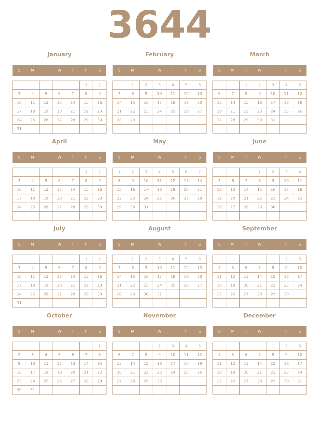 Printable 3644 Year Calendars isabelline