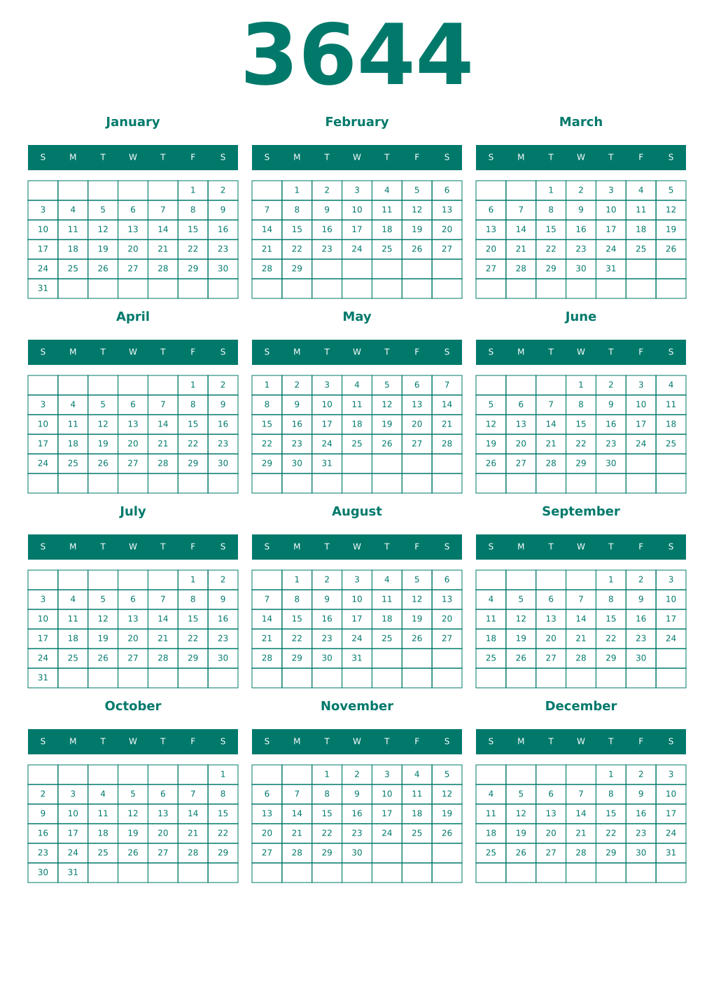 Printable 3644 Year Calendars pastel