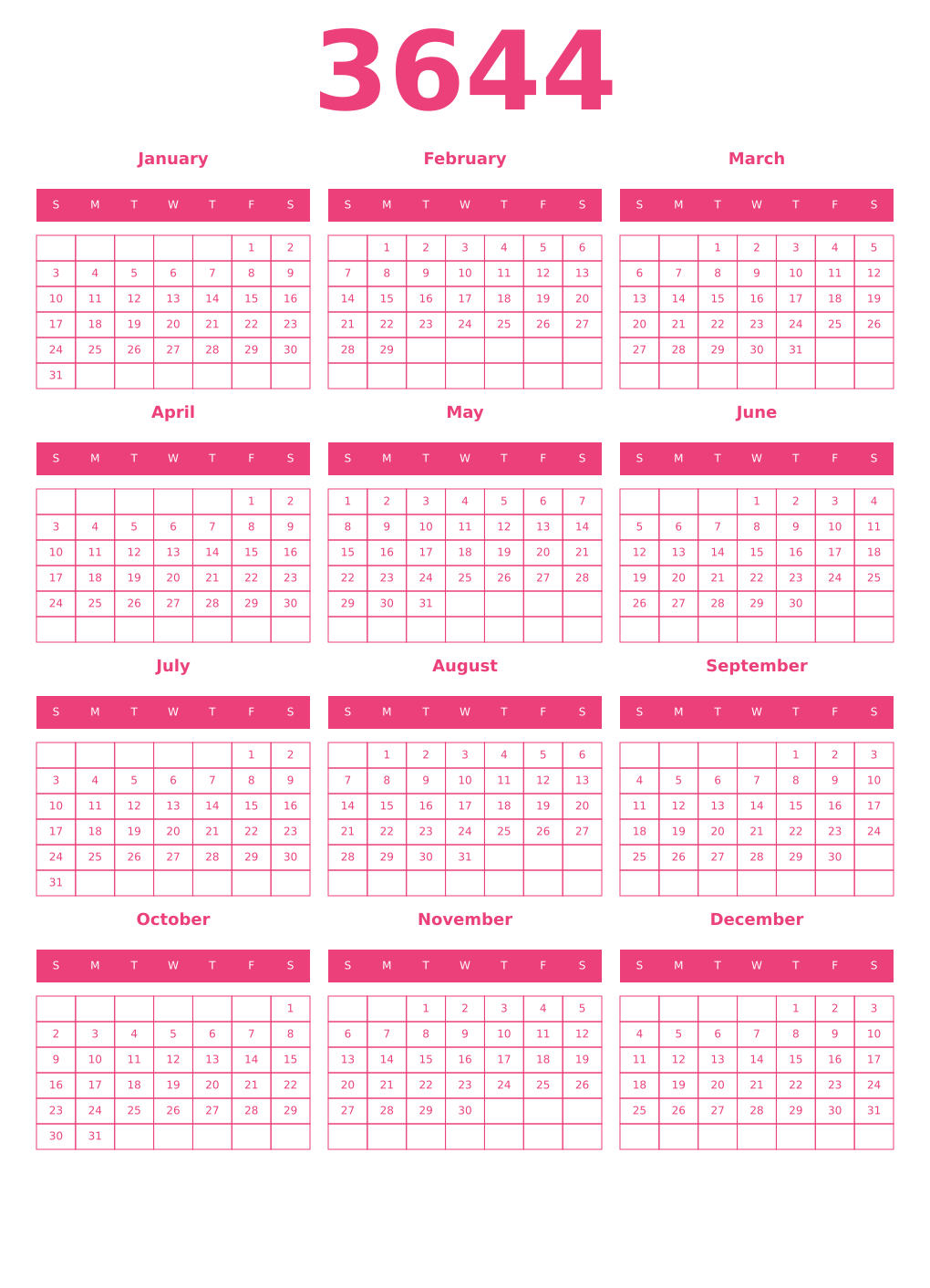 Printable 3644 Year Calendars pink