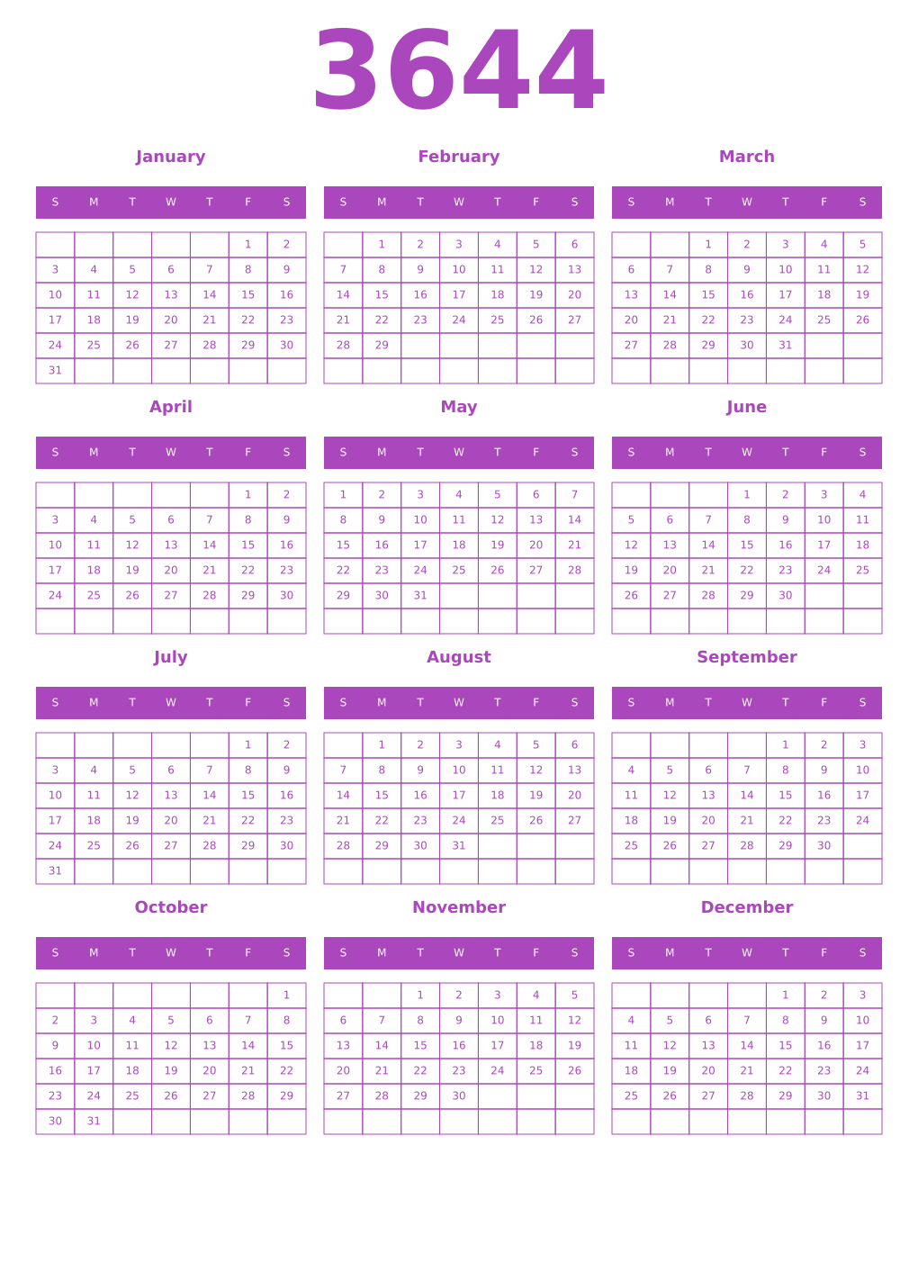 Printable 3644 Year Calendars purple