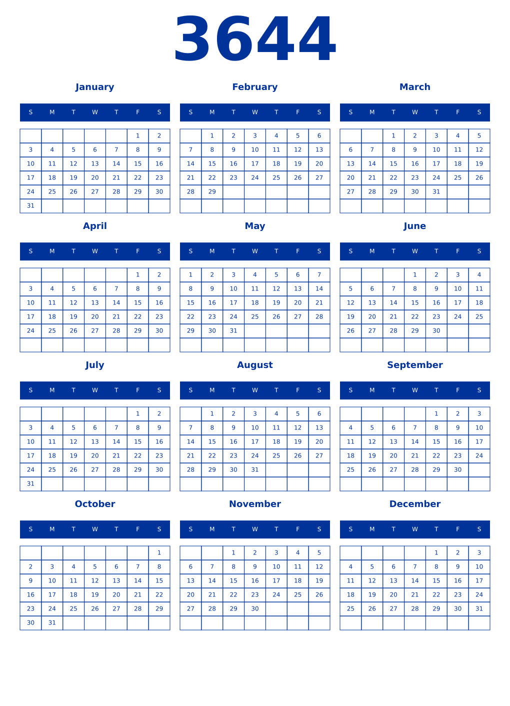 Printable 3644 Year Calendars smalt