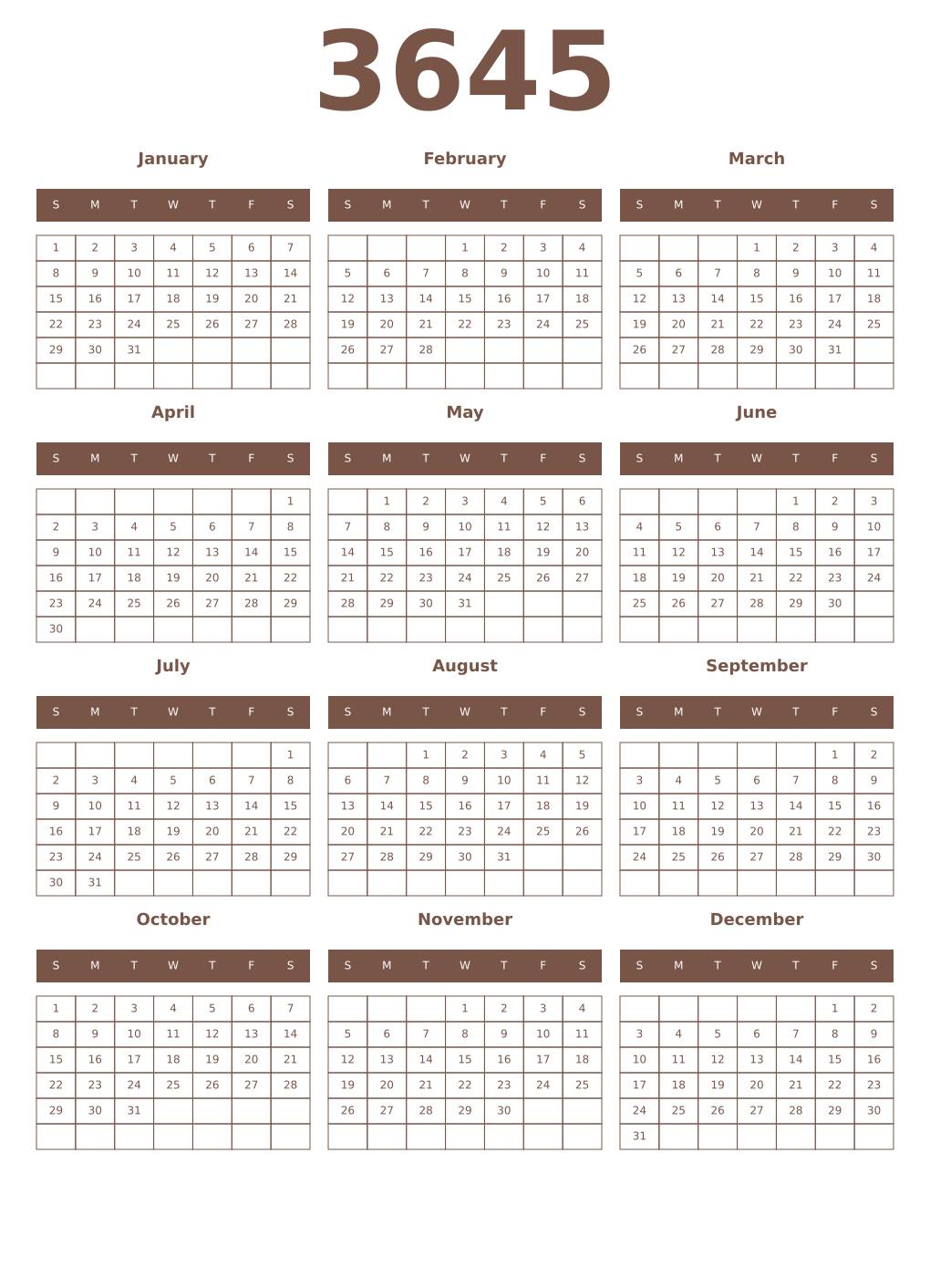 Printable 3645 Year Calendars coffe