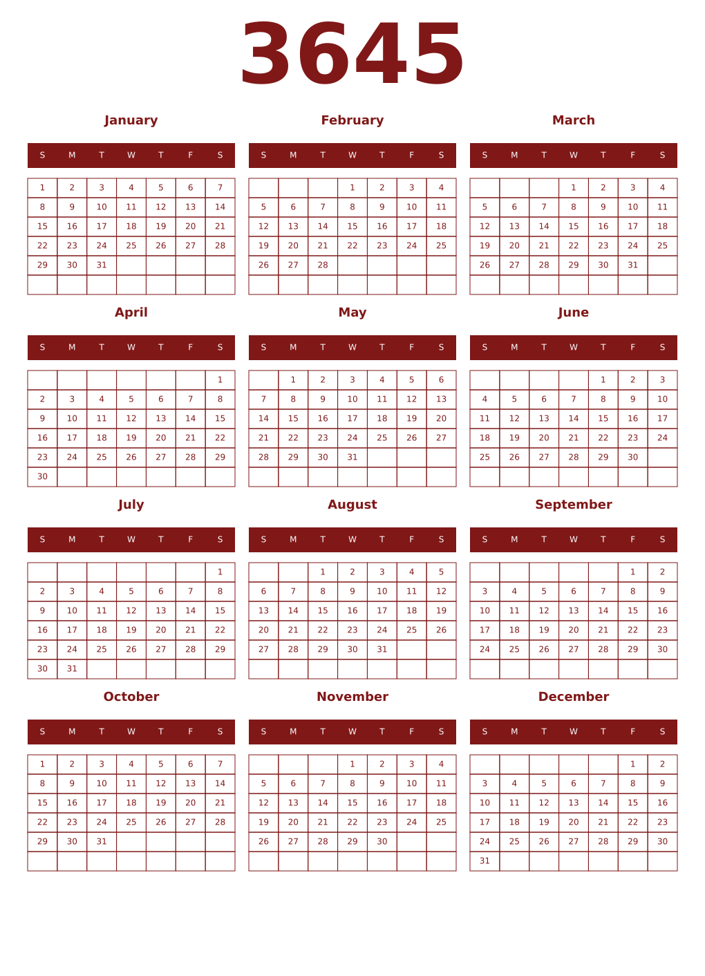 Printable 3645 Year Calendars falu