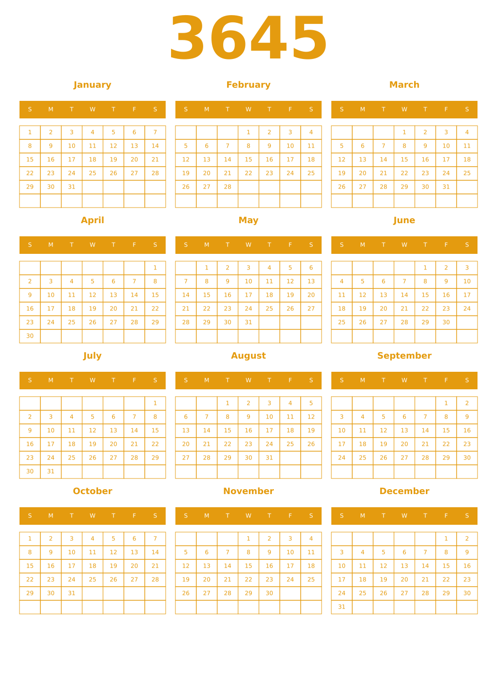 Printable 3645 Year Calendars gamboge