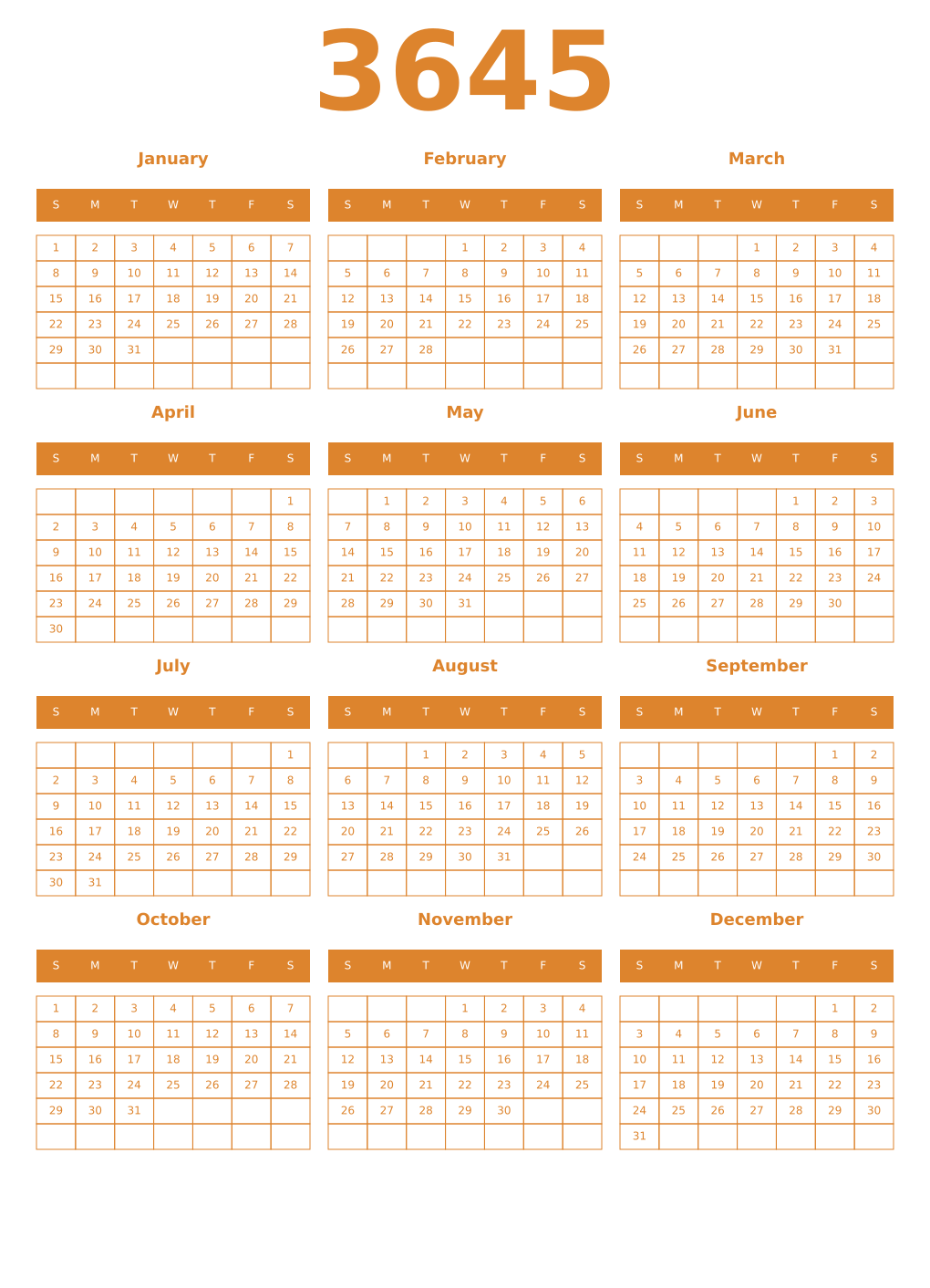 Printable 3645 Year Calendars orange