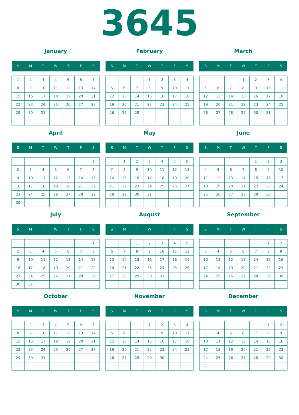 Printable 3645 Year Calendars pastel