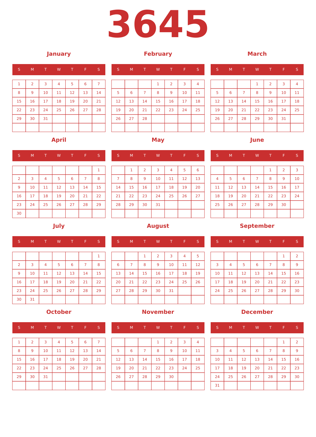 Printable 3645 Year Calendars red