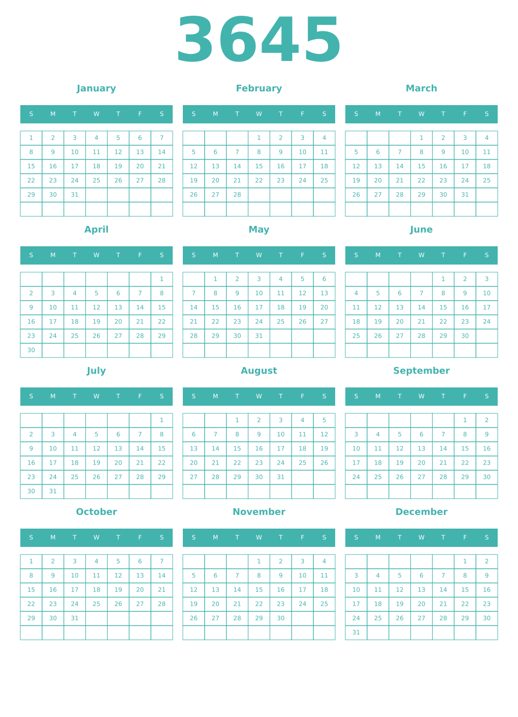 Printable 3645 Year Calendars verdigris