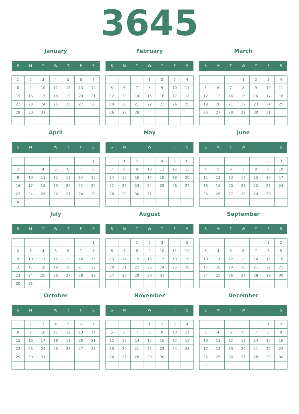 Printable 3645 Year Calendars viridian