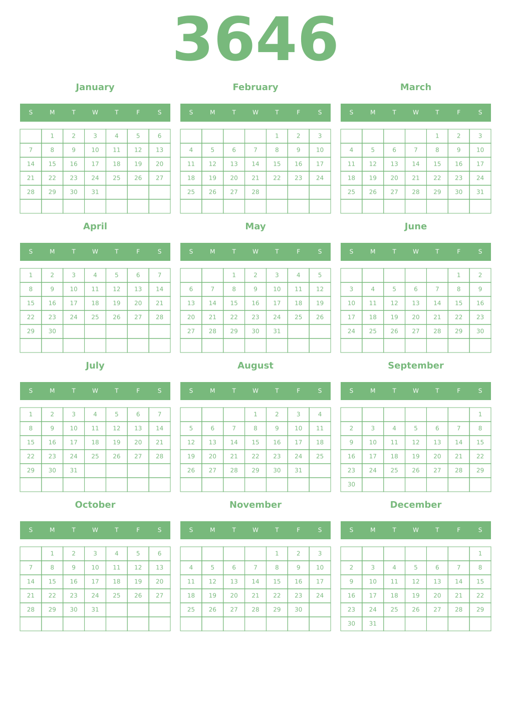 Printable 3646 Year Calendars celadon