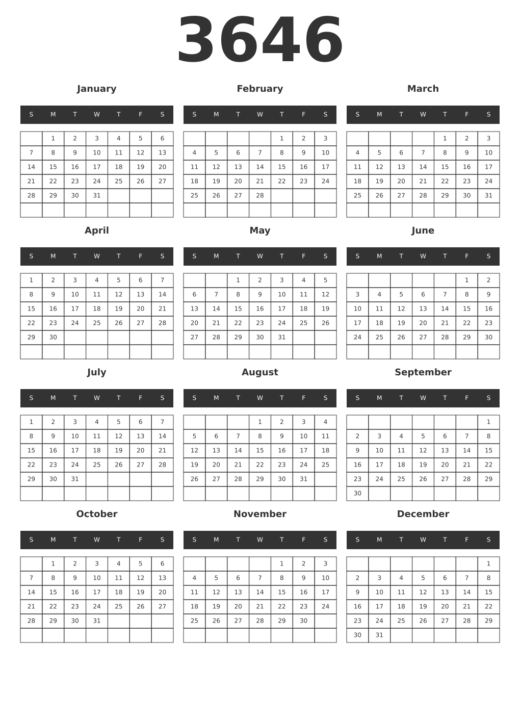 Printable 3646 Year Calendars dark