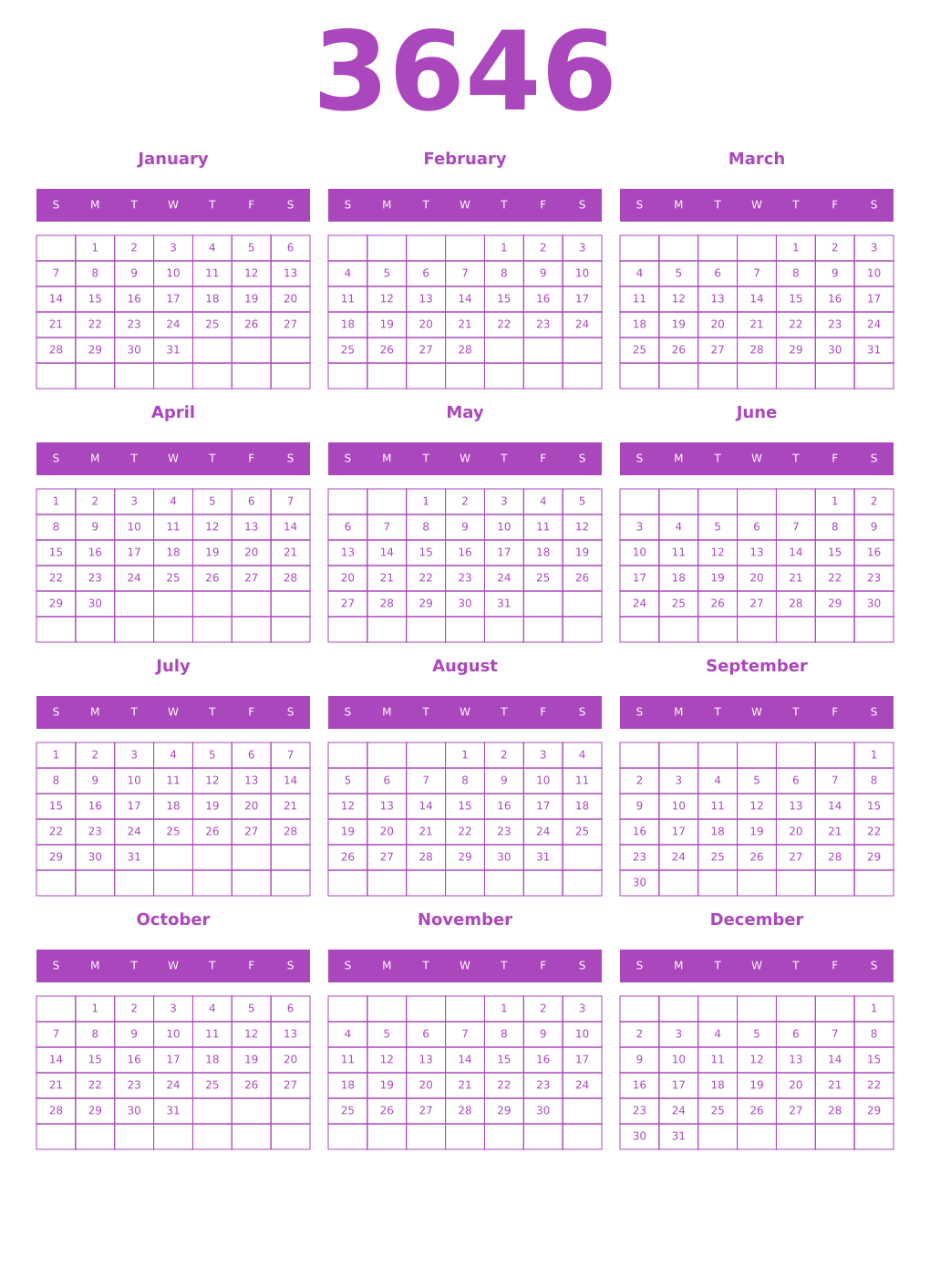 Printable 3646 Year Calendars purple