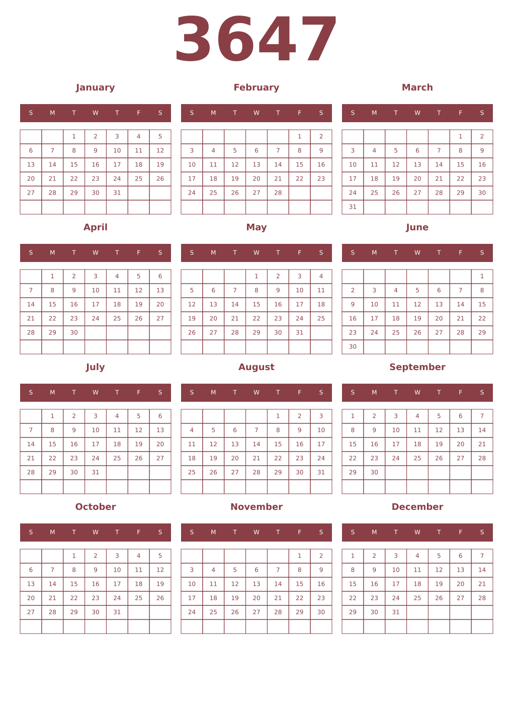 Printable 3647 Year Calendars cordovan