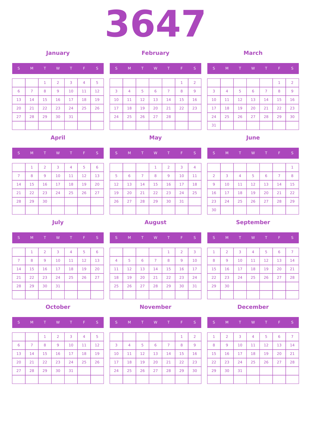 Printable 3647 Year Calendars purple