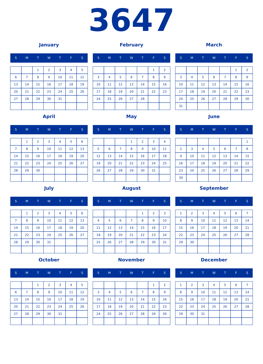 Printable 3647 Year Calendars smalt