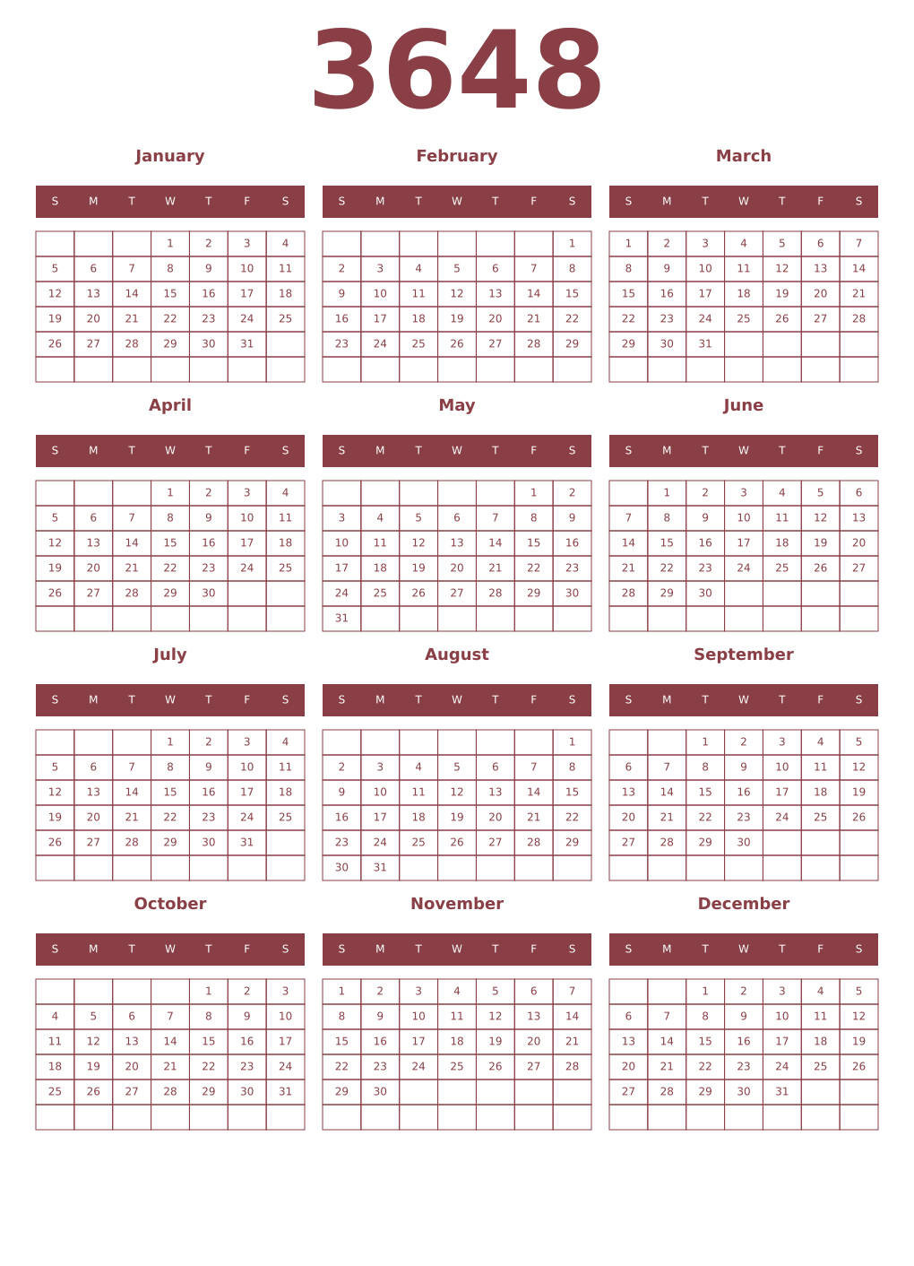 Printable 3648 Year Calendars cordovan