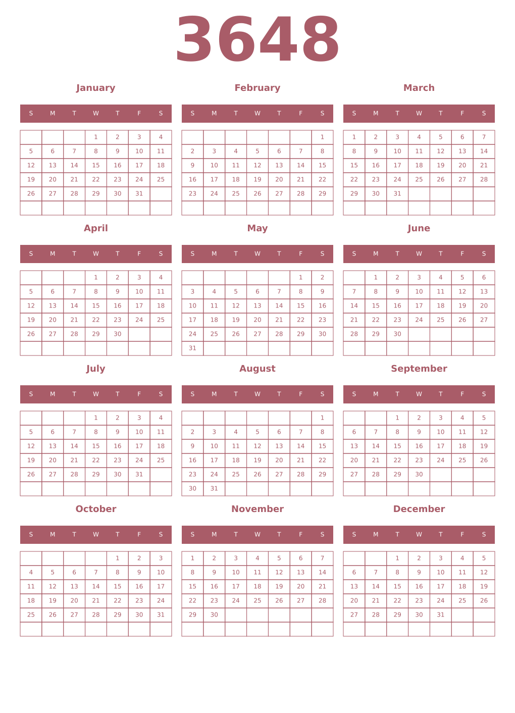 Printable 3648 Year Calendars puce