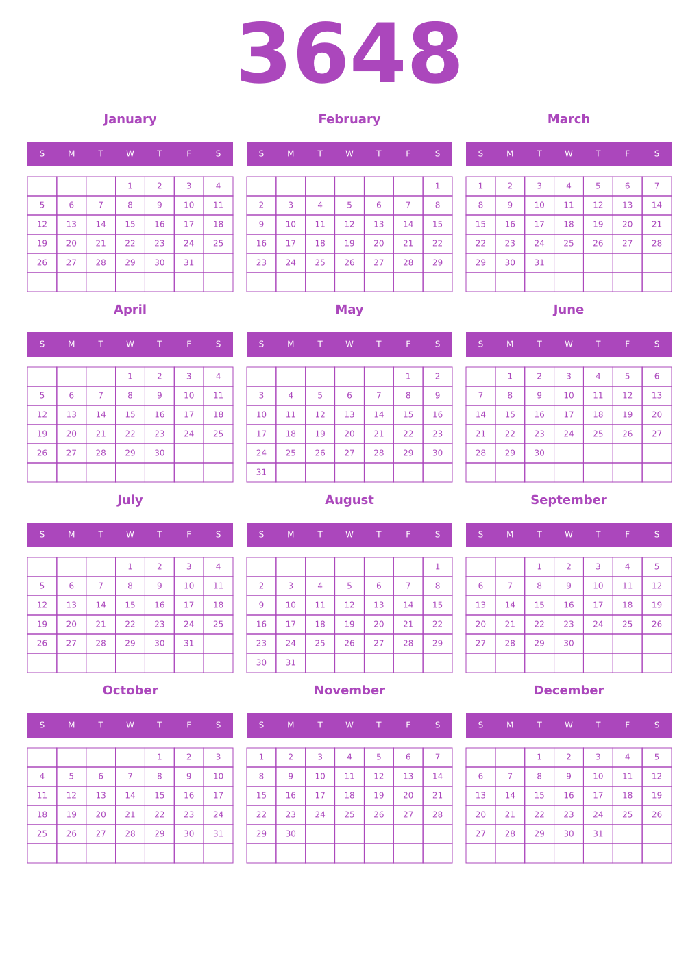 Printable 3648 Year Calendars purple