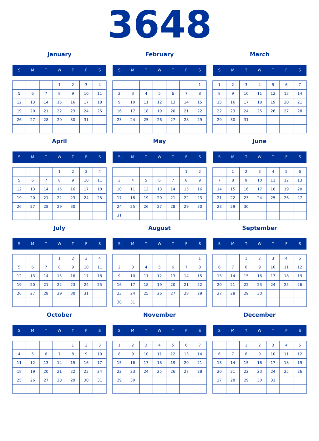 Printable 3648 Year Calendars smalt