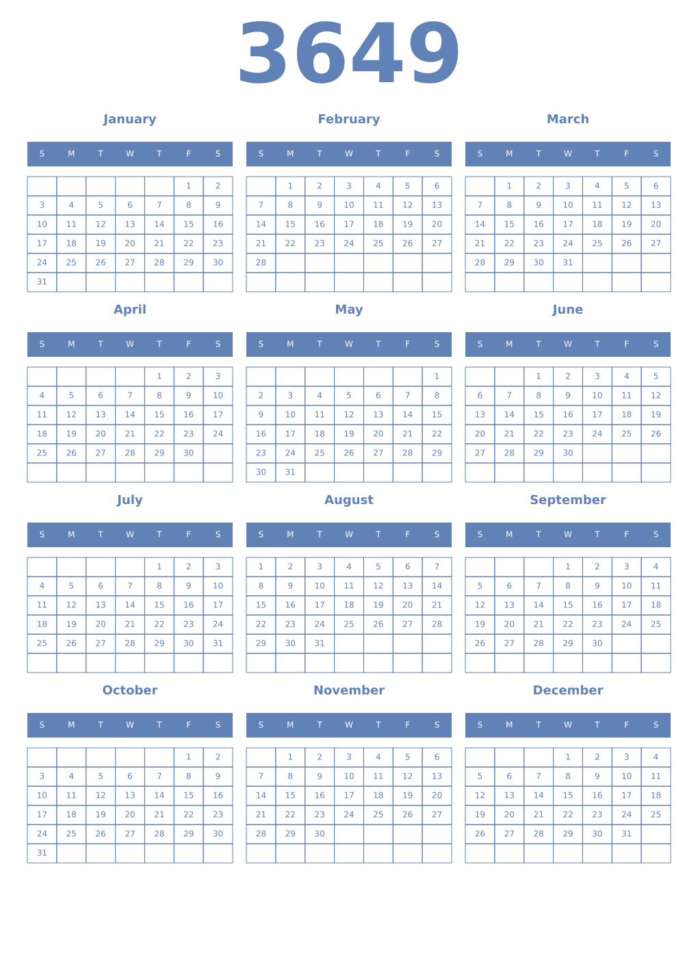 Printable 3649 Year Calendars glaucous