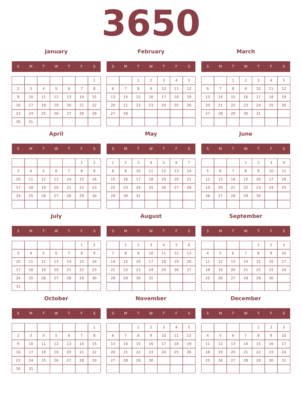 Printable 3650 Year Calendars cordovan