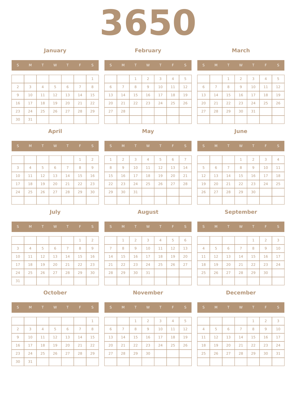 Printable 3650 Year Calendars isabelline