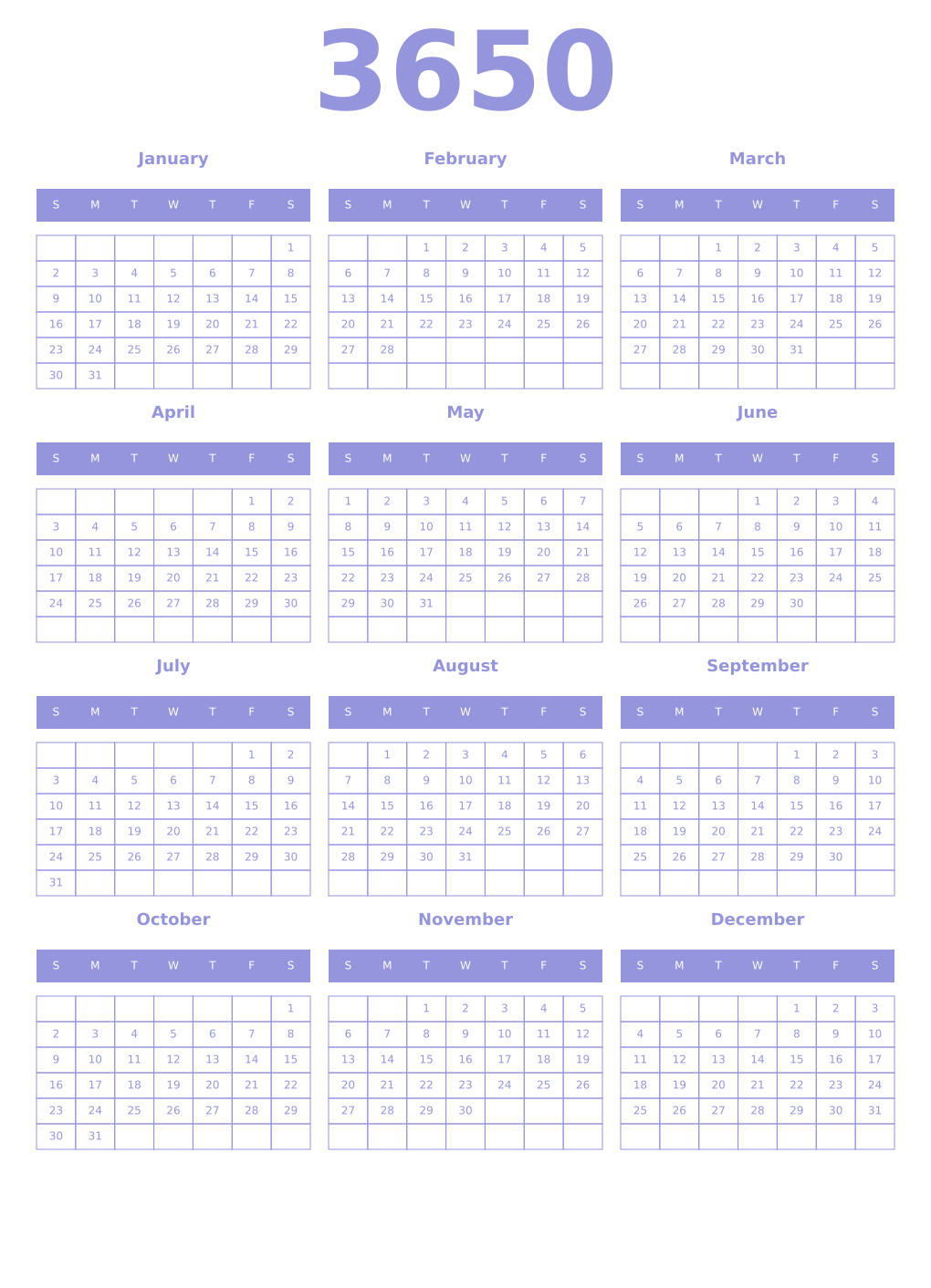 Printable 3650 Year Calendars periwinkle