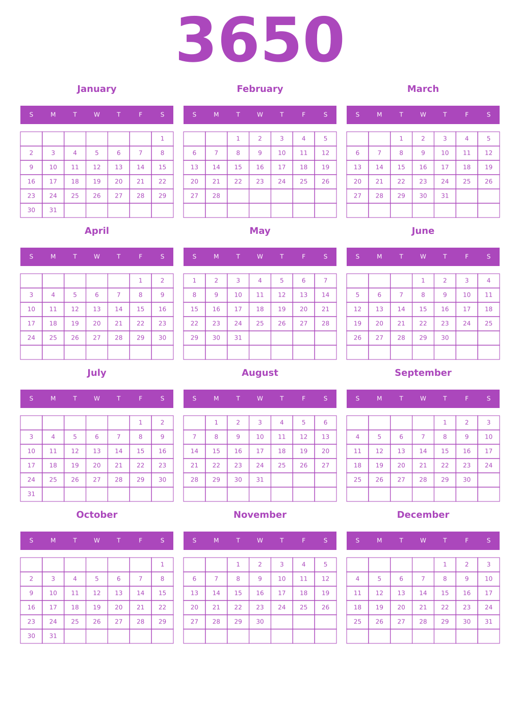 Printable 3650 Year Calendars purple