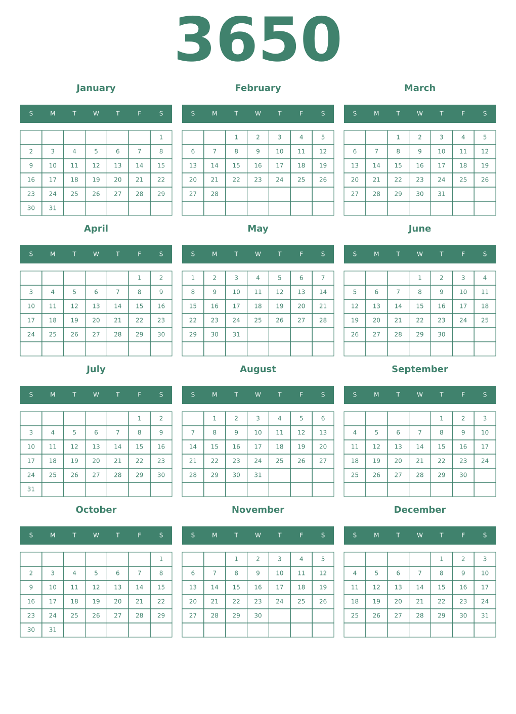 Printable 3650 Year Calendars viridian