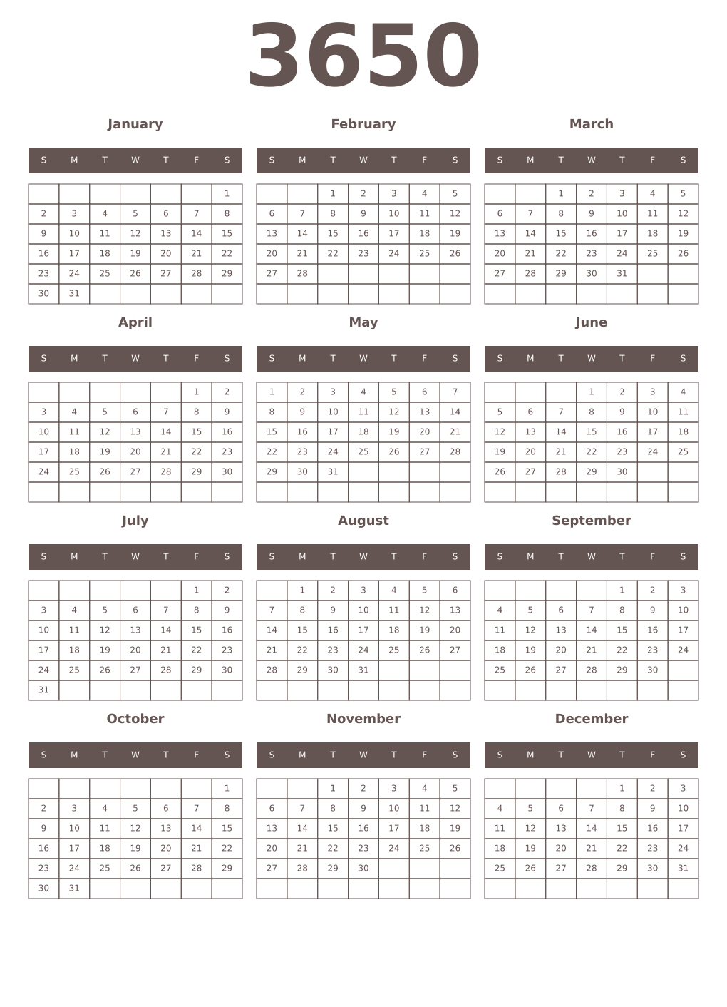Printable 3650 Year Calendars wenge