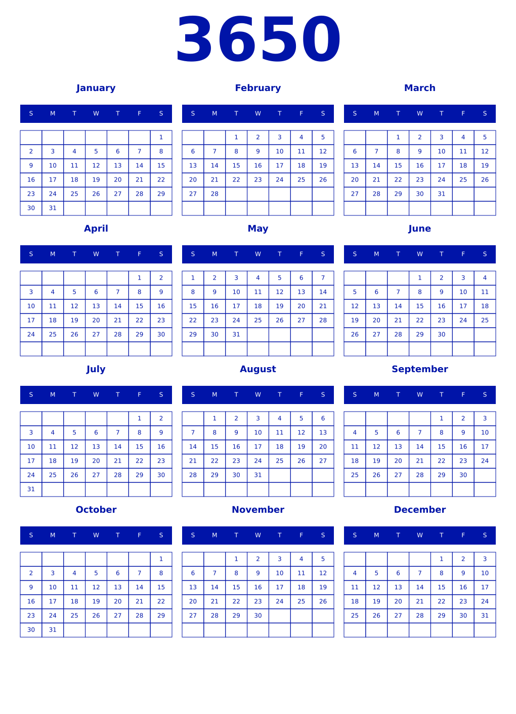 Printable 3650 Year Calendars zaffre
