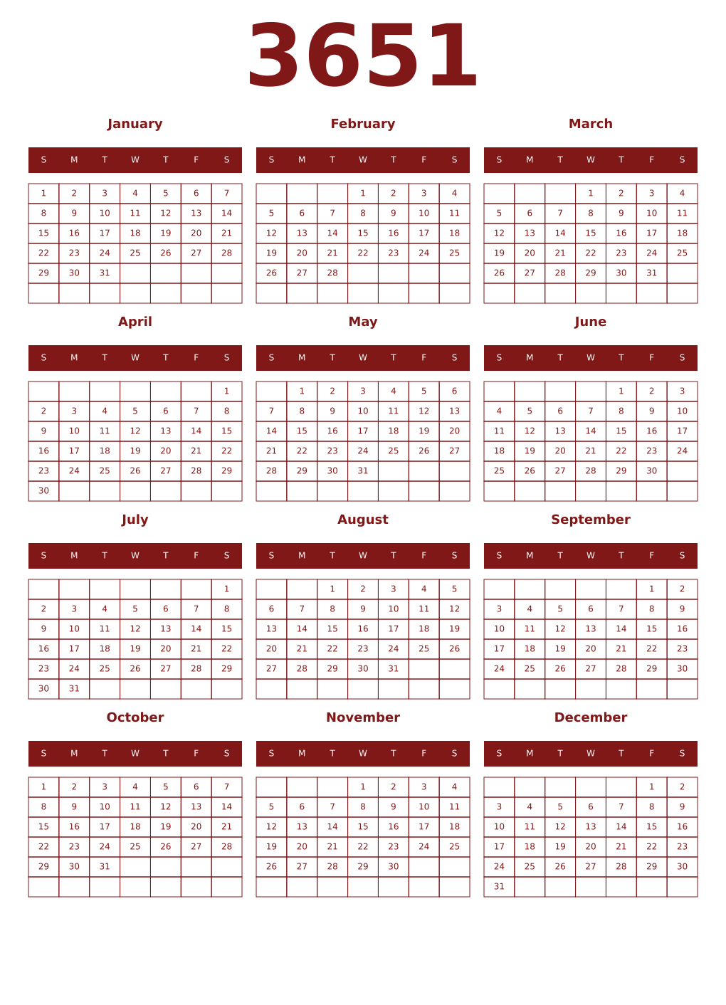 Printable 3651 Year Calendars falu