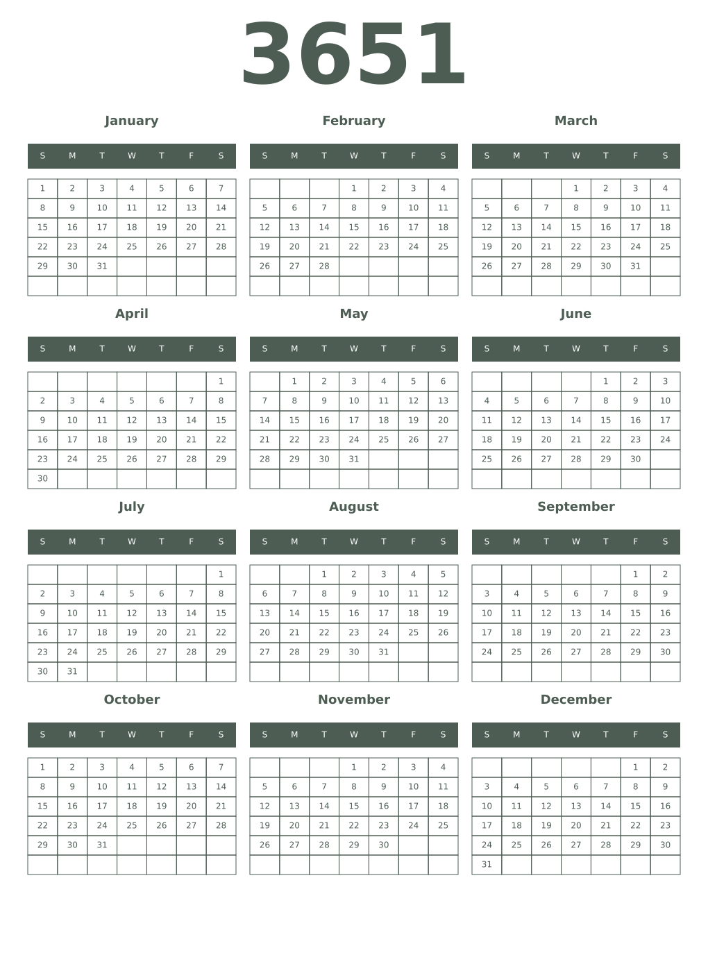 Printable 3651 Year Calendars feldgrau