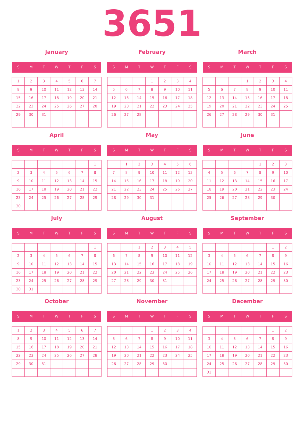 Printable 3651 Year Calendars pink
