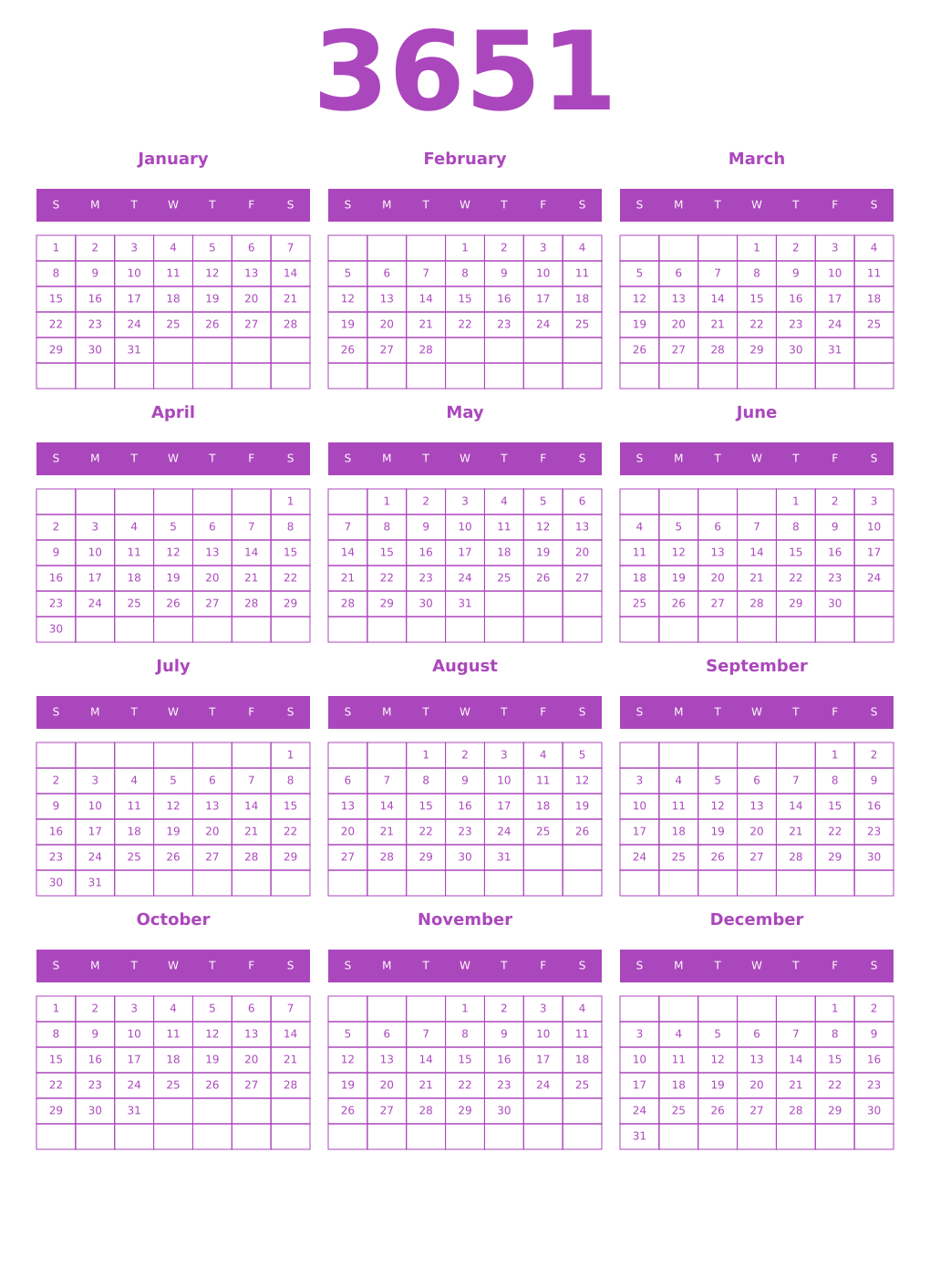 Printable 3651 Year Calendars purple
