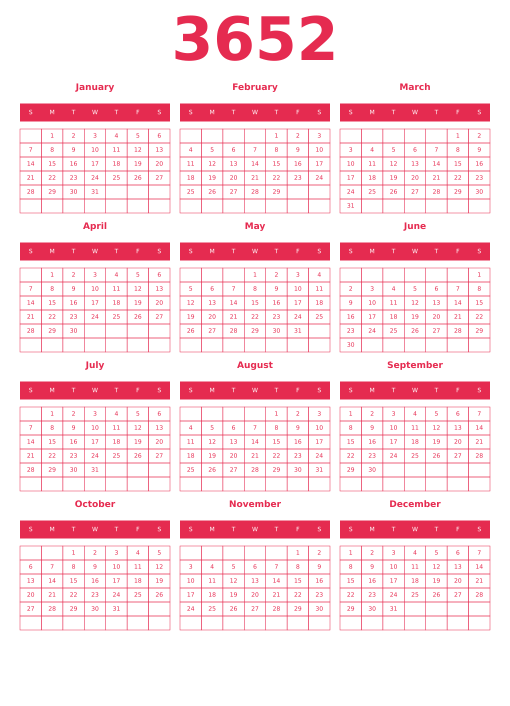 Printable 3652 Year Calendars amaranth
