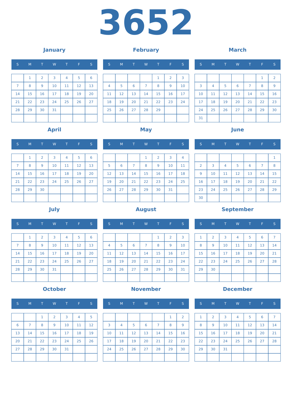 Printable 3652 Year Calendars blue