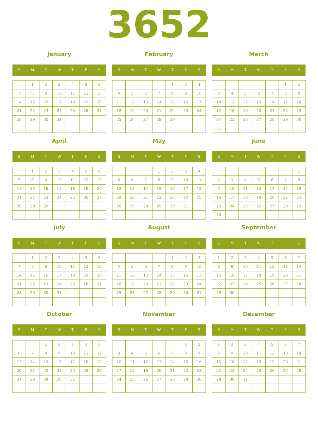 Printable 3652 Year Calendars chartreuse