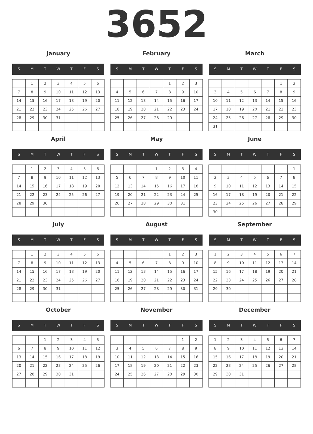 Printable 3652 Year Calendars dark