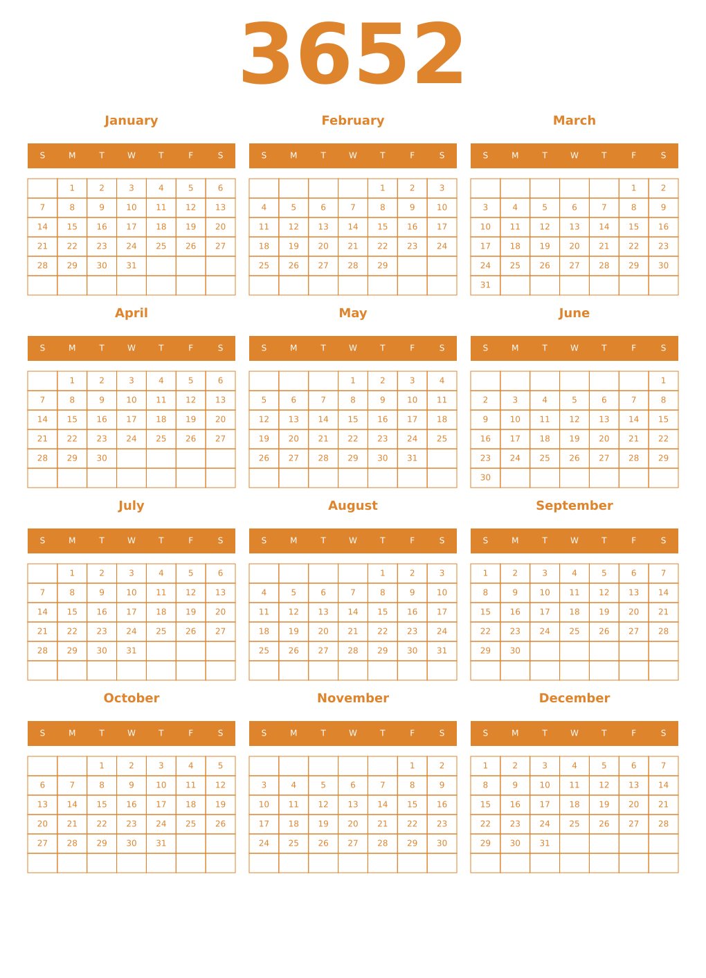 Printable 3652 Year Calendars orange