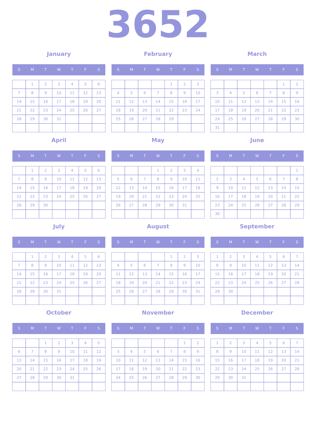 Printable 3652 Year Calendars periwinkle
