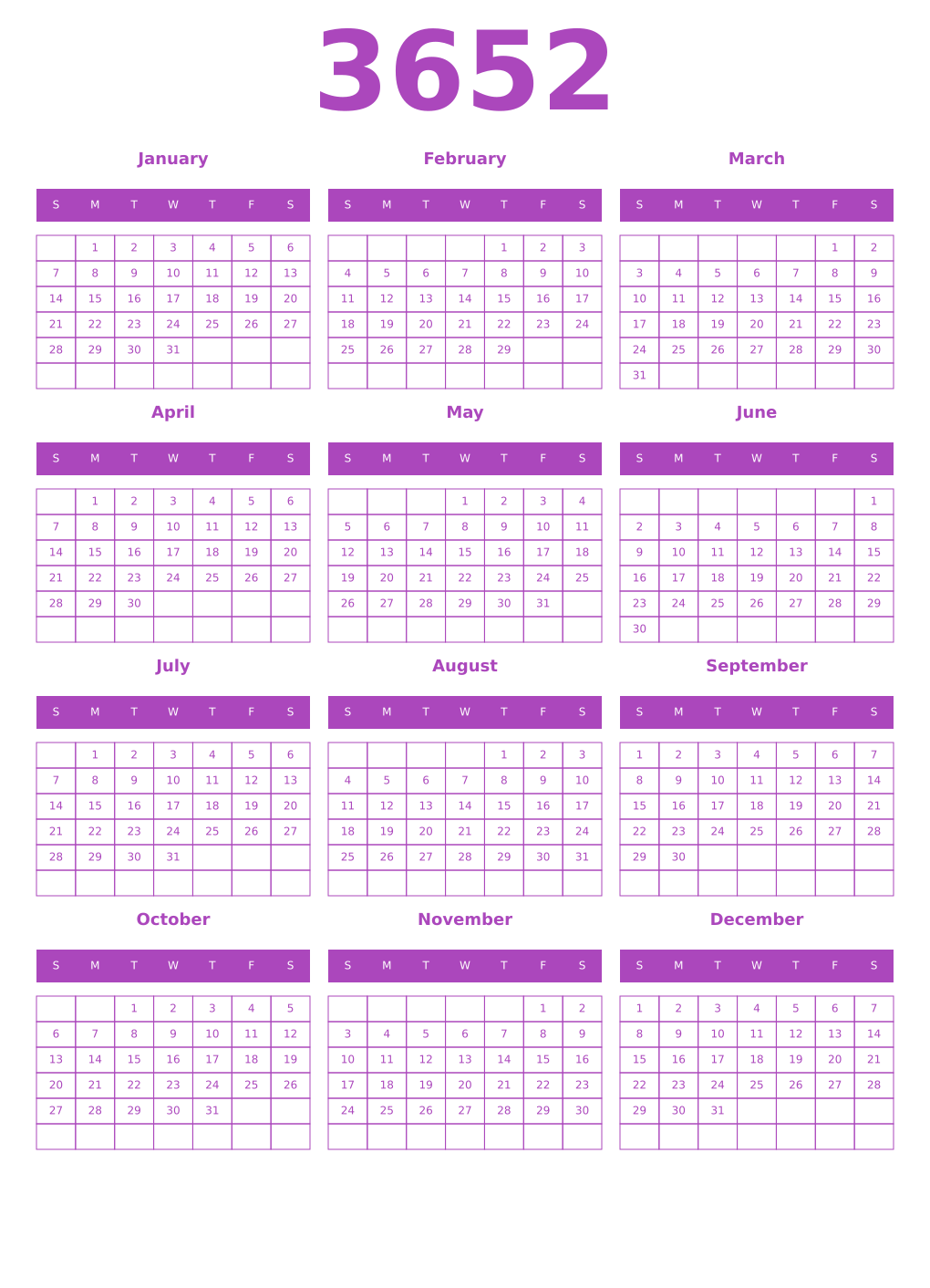 Printable 3652 Year Calendars purple