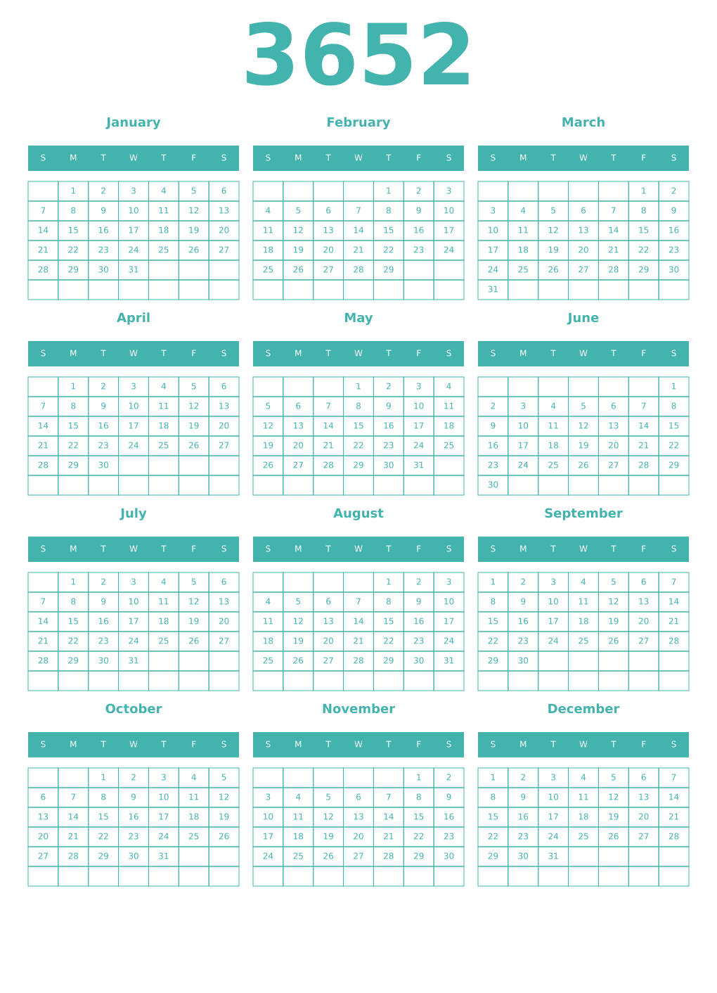 Printable 3652 Year Calendars verdigris