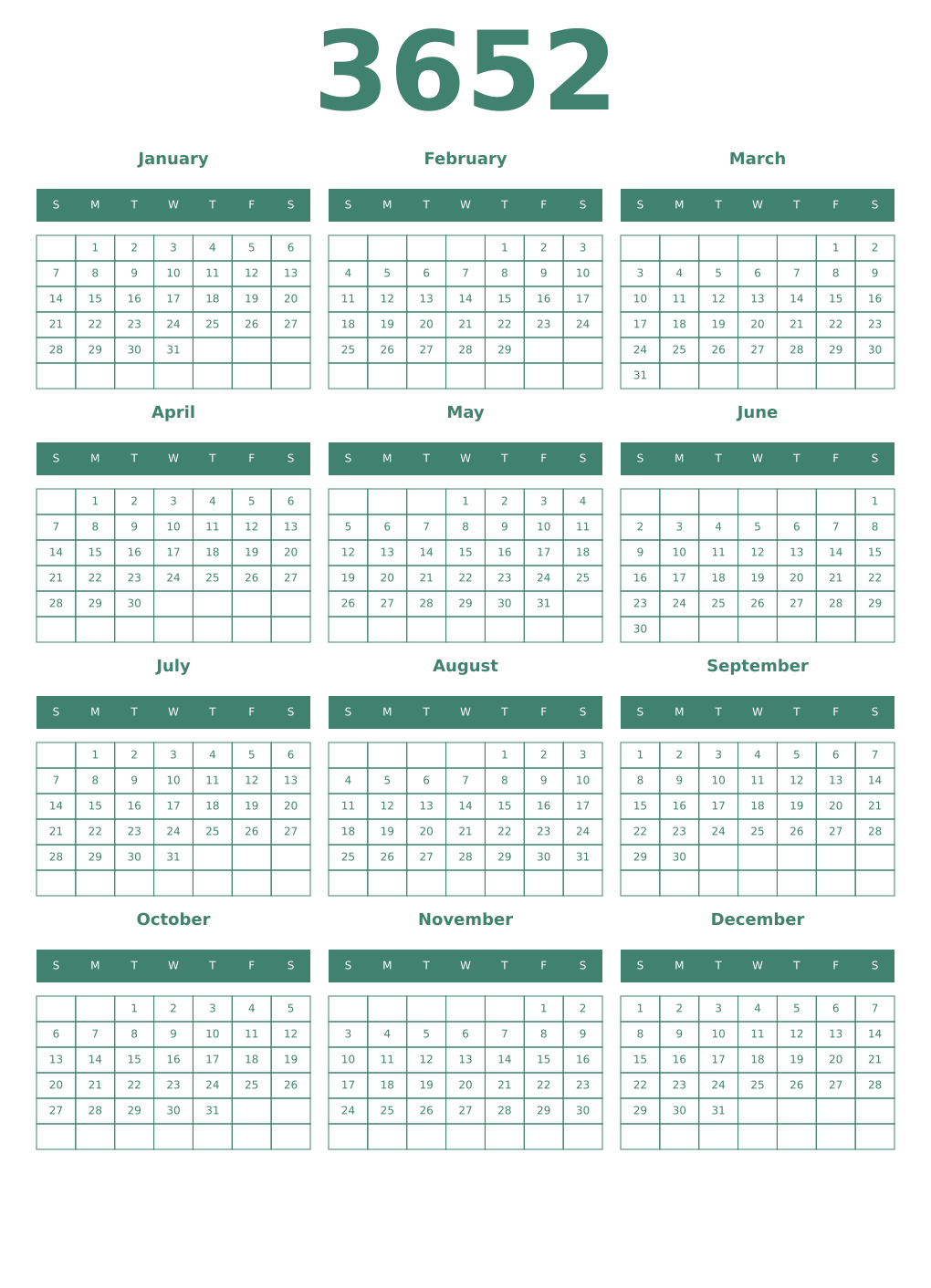 Printable 3652 Year Calendars viridian