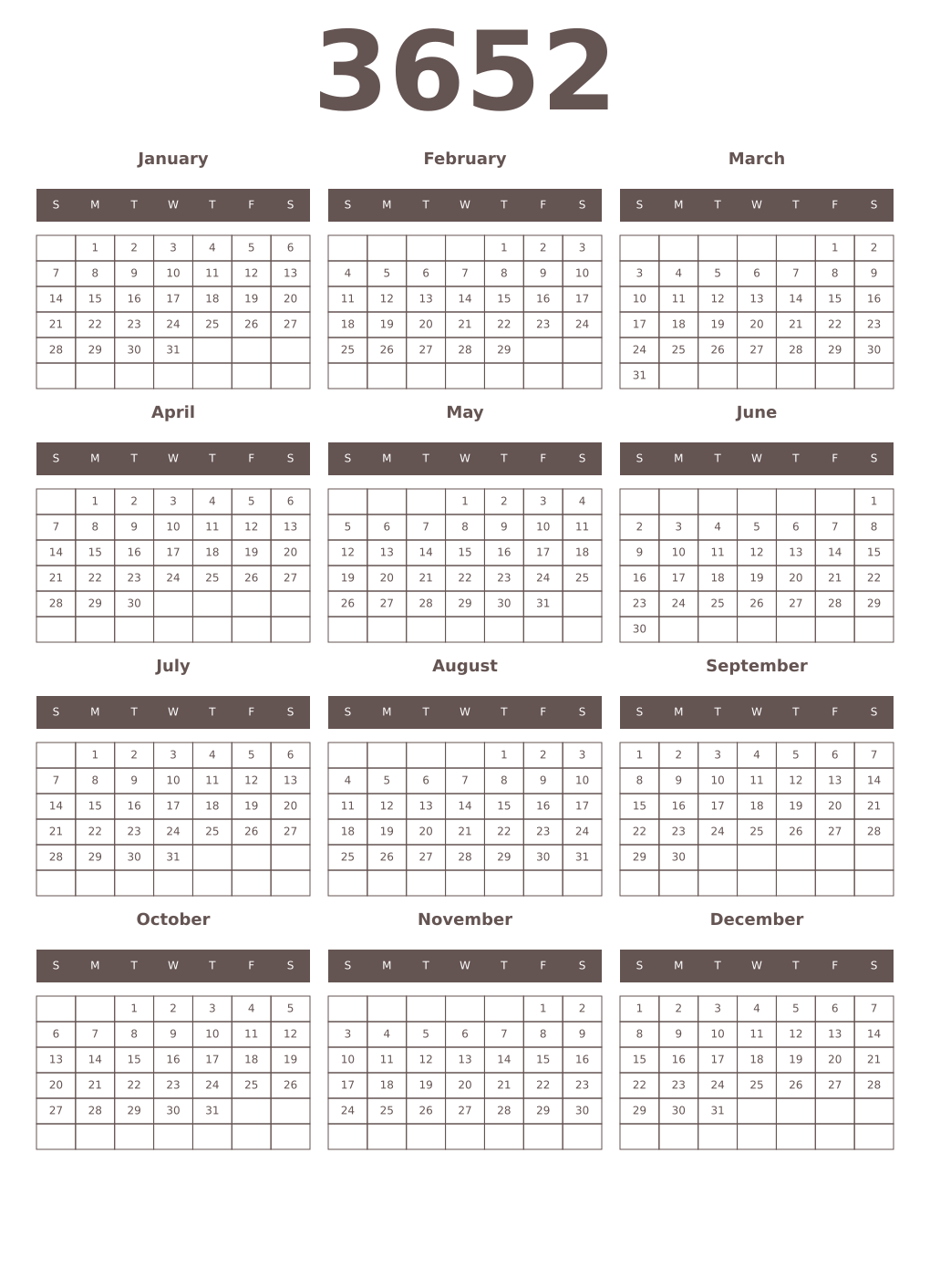 Printable 3652 Year Calendars wenge