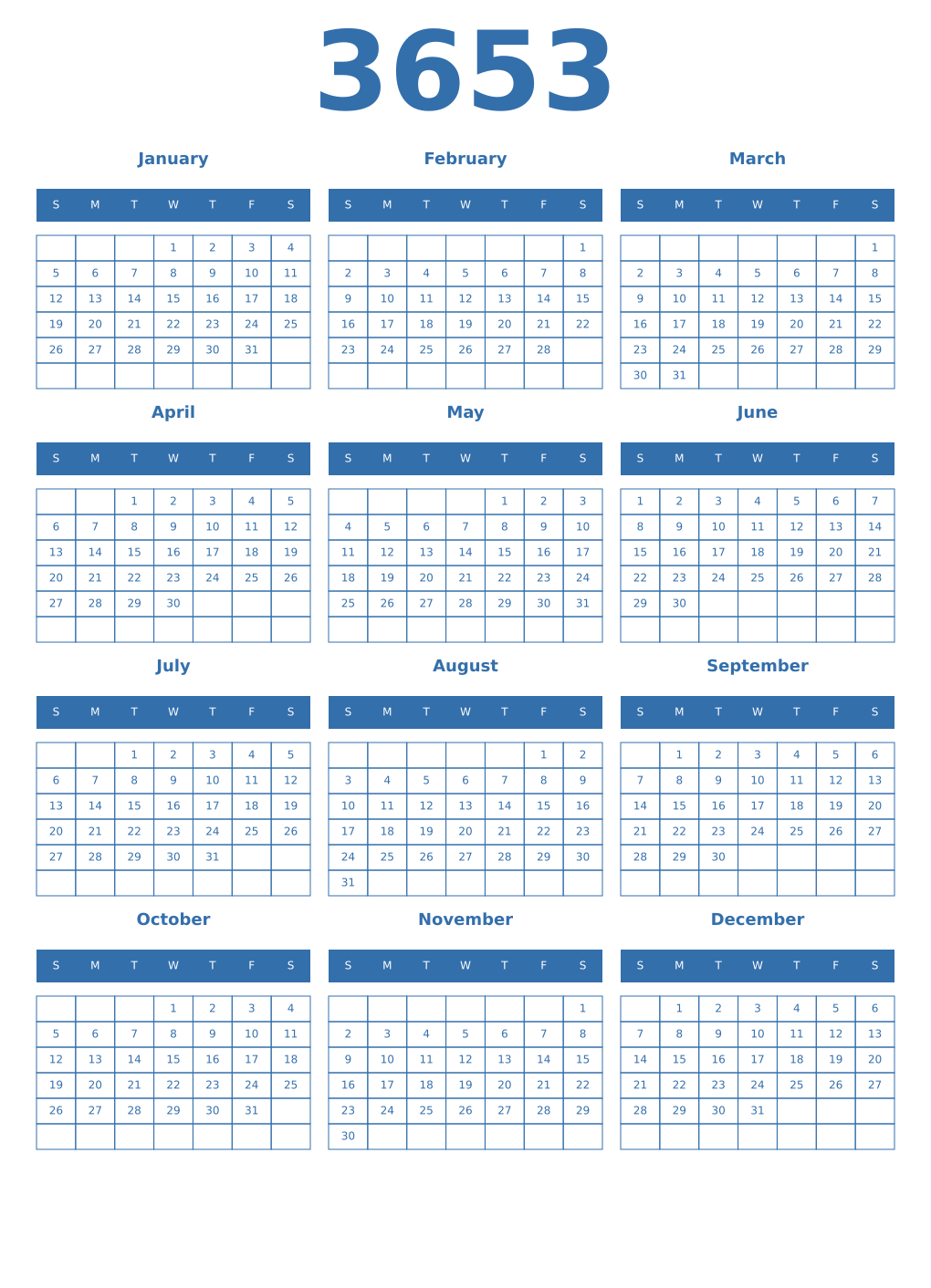 Printable 3653 Year Calendars blue