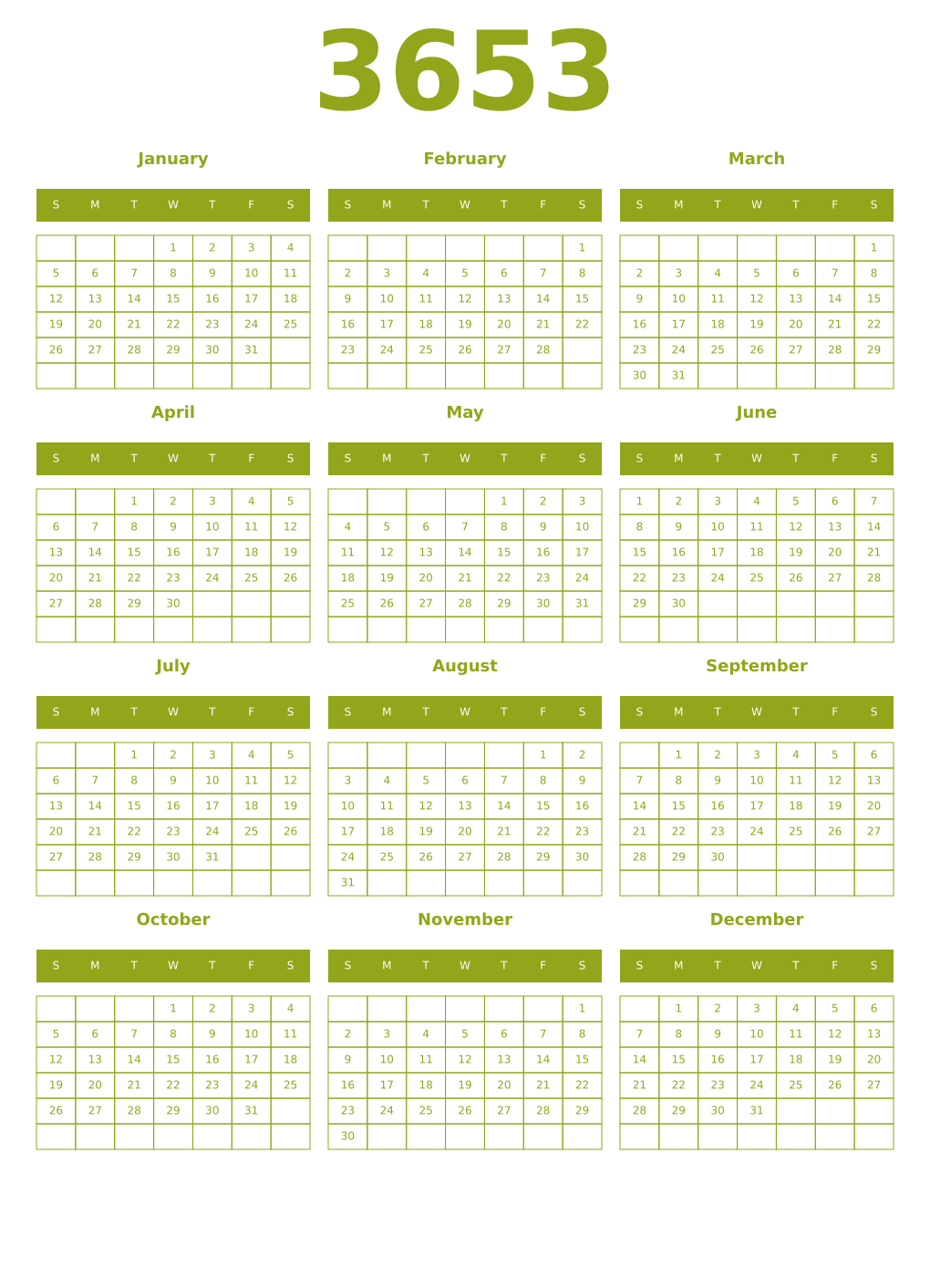 Printable 3653 Year Calendars chartreuse